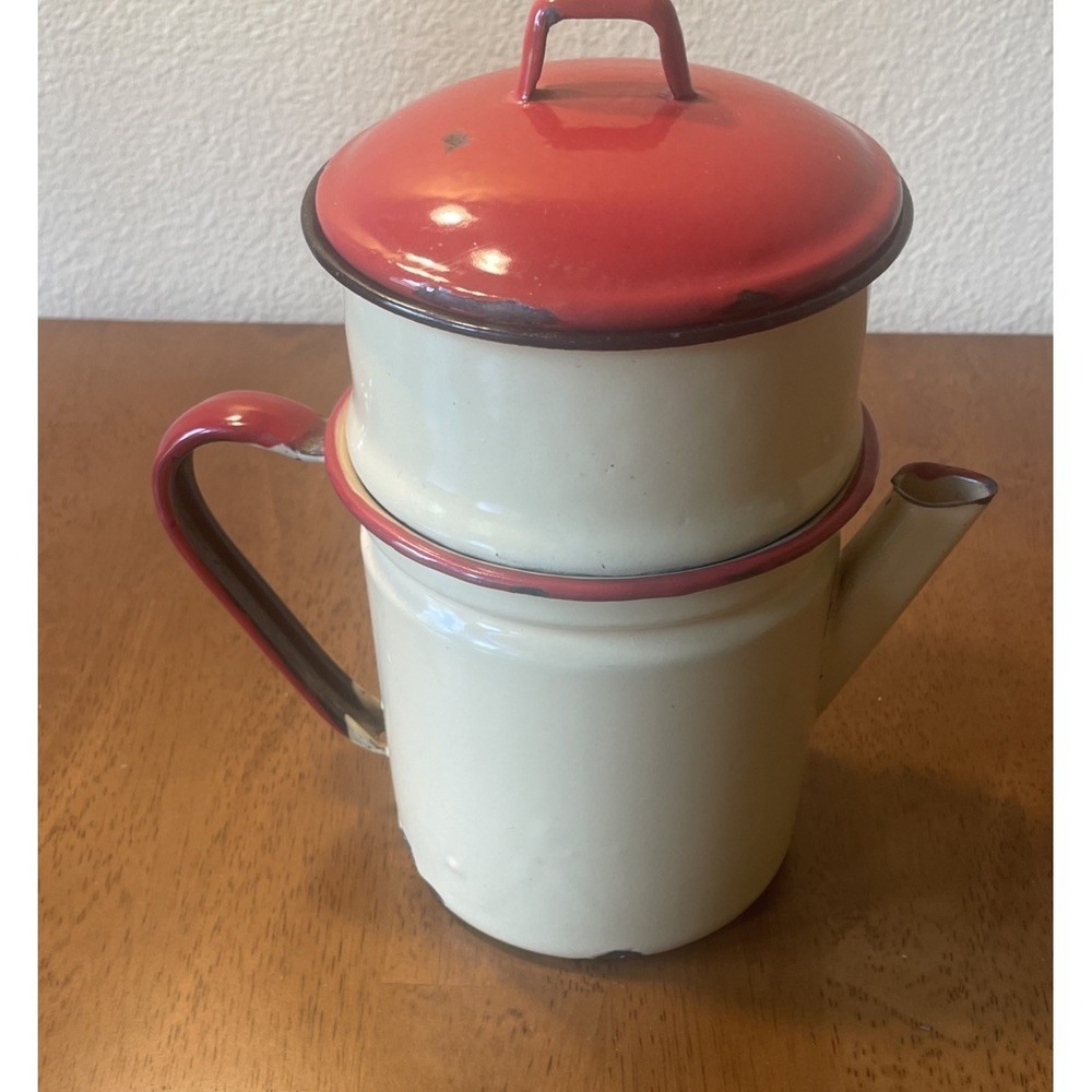 Vtg 40s Yellow Red Enamelware Percolator Coffee Pot Metal Farmhouse  W/ Strainer